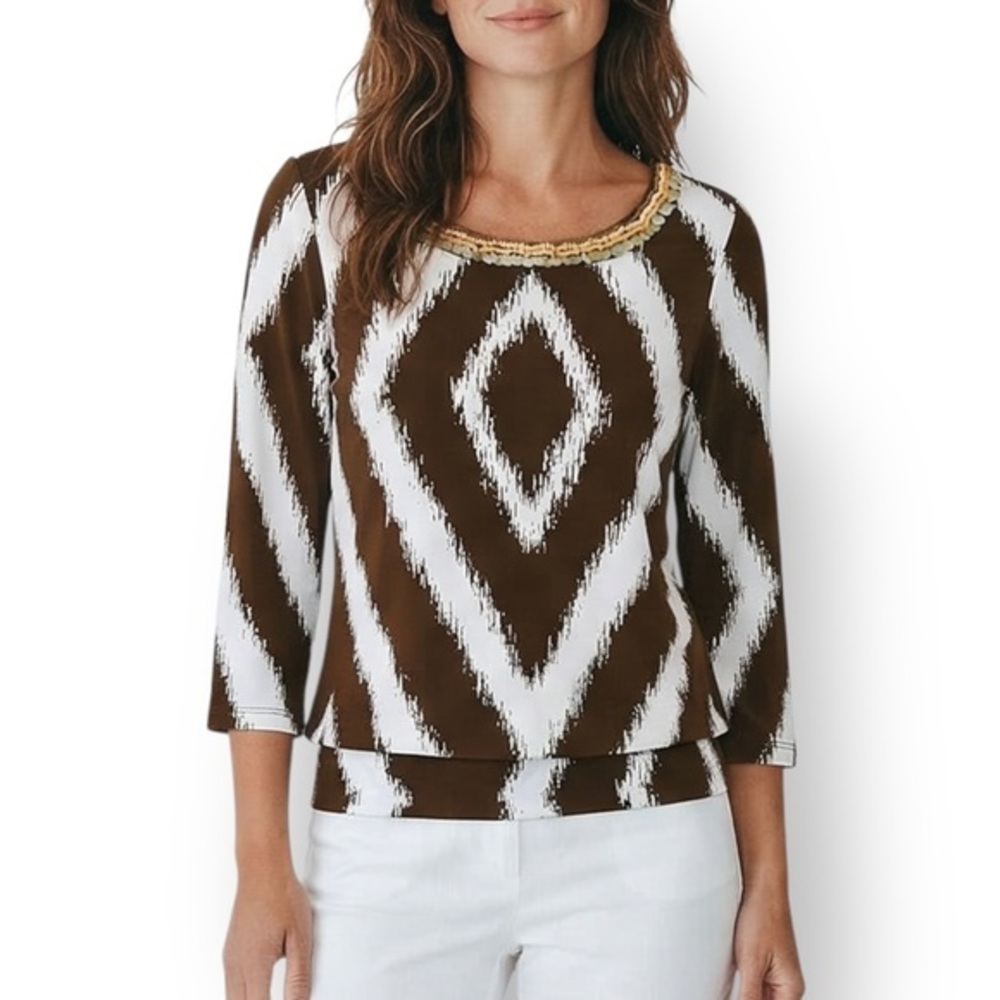 4/$20 Chico’s Travelers Beaded Neckline Ikat Print Brown Cream Stretch Blouse 4